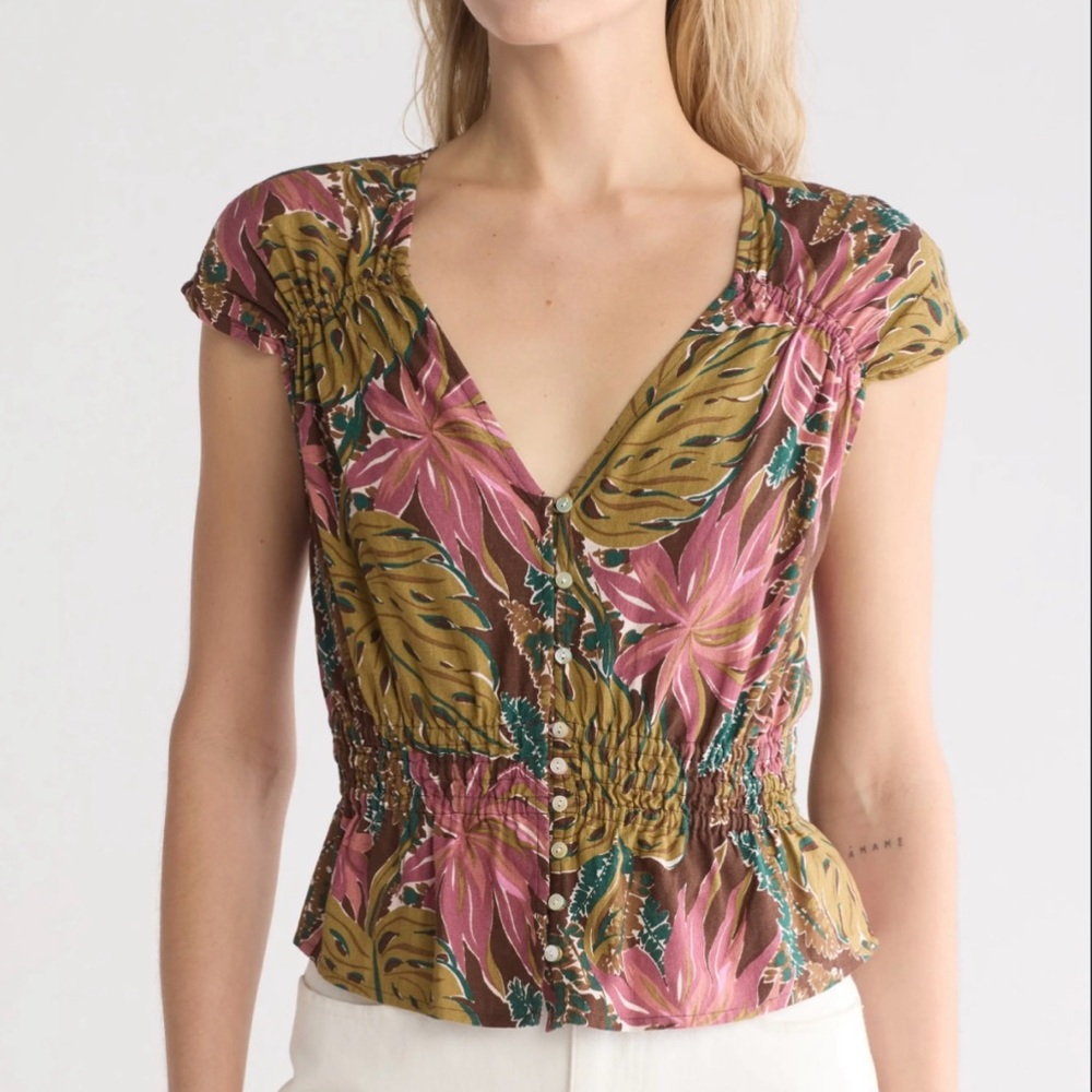 Madewell Women’s Short Sleeve V-neck Tropical Boho Floral Print Linen Blend Top